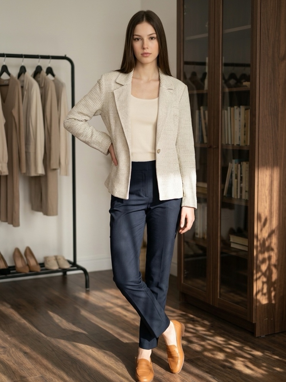 Women's Cream & Green Striped Blazer Jacket